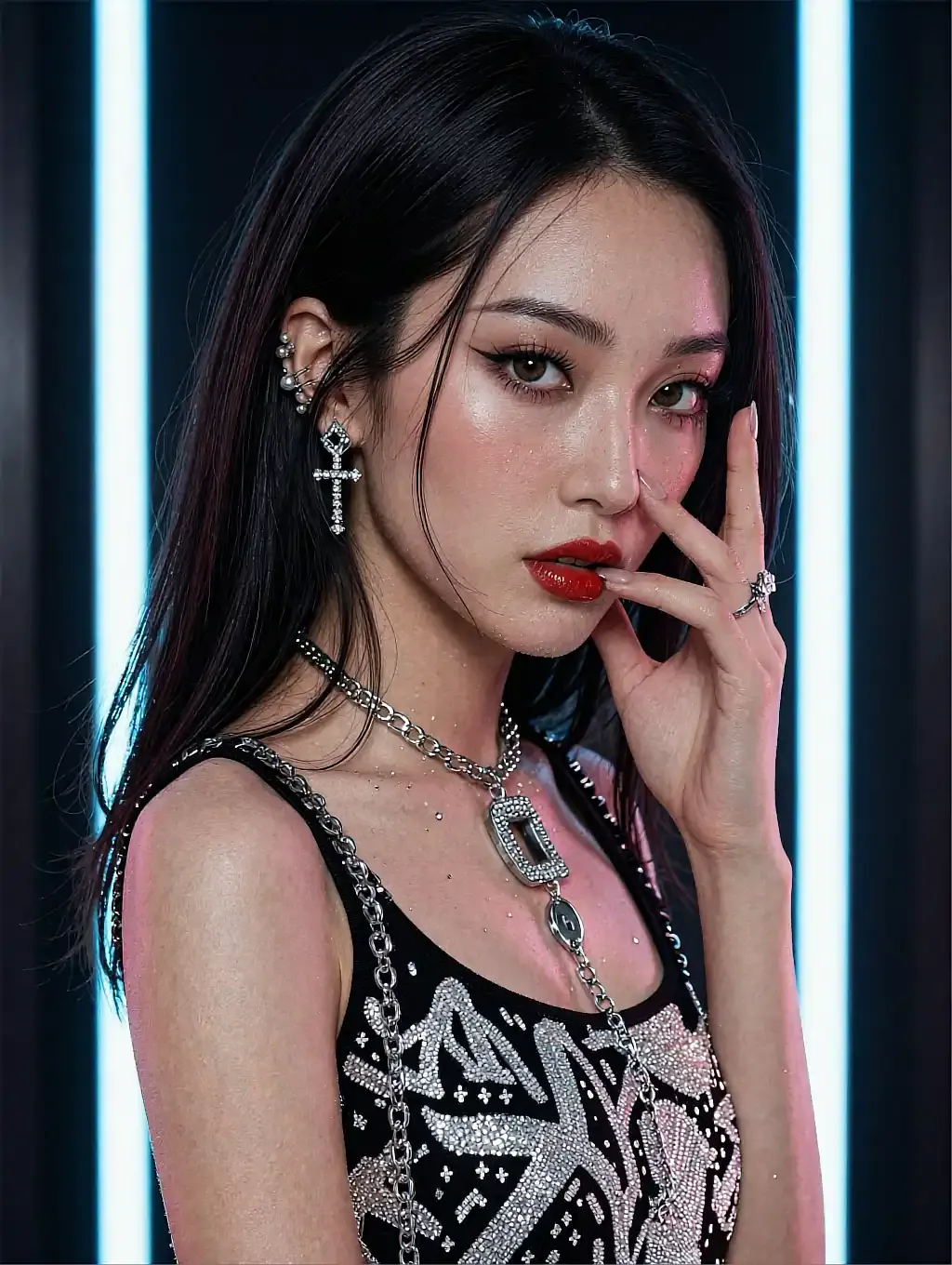Fictional AI character with black hair and red lipstick, hand raised to her face