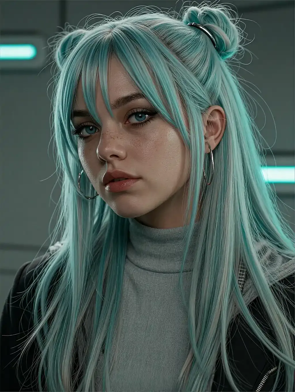 Fictional AI character with pastel mint-green hair in a high-neck top under teal light