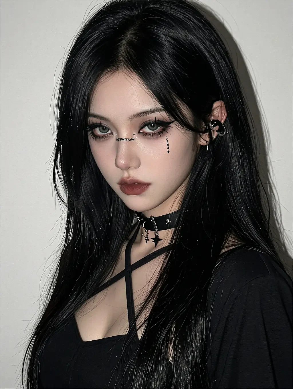 Fictional AI character with long black hair, dramatic eye makeup and a choker on grey