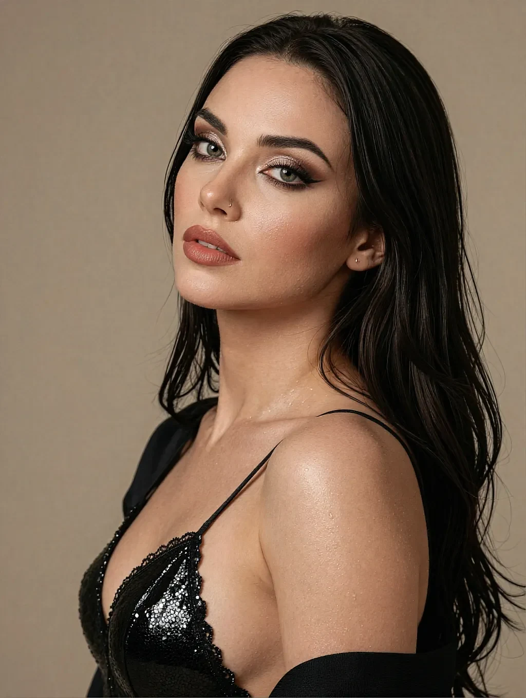 Fictional AI character with long dark hair in black lace lingerie in a warm room