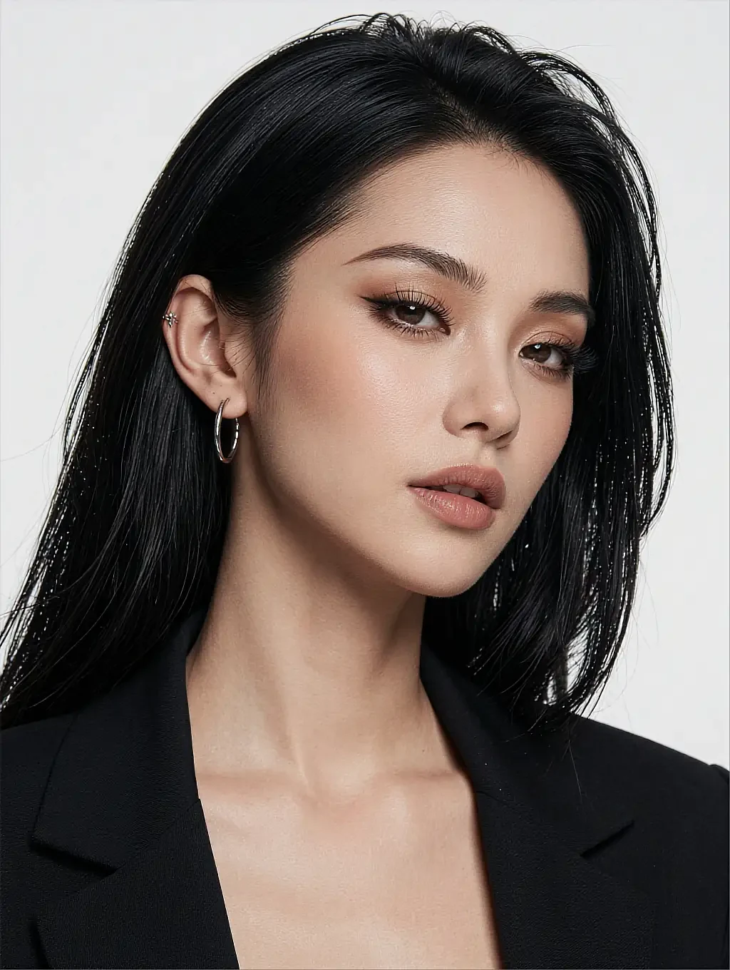 Fictional AI character with black hair in a black blazer against a plain white backdrop