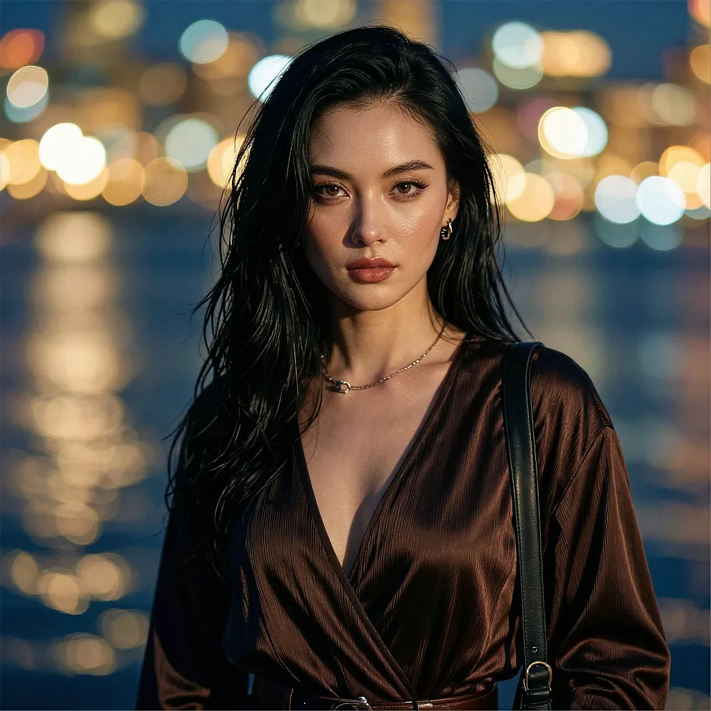 Fictional AI character with wet dark hair in a brown satin top by night waterfront lights