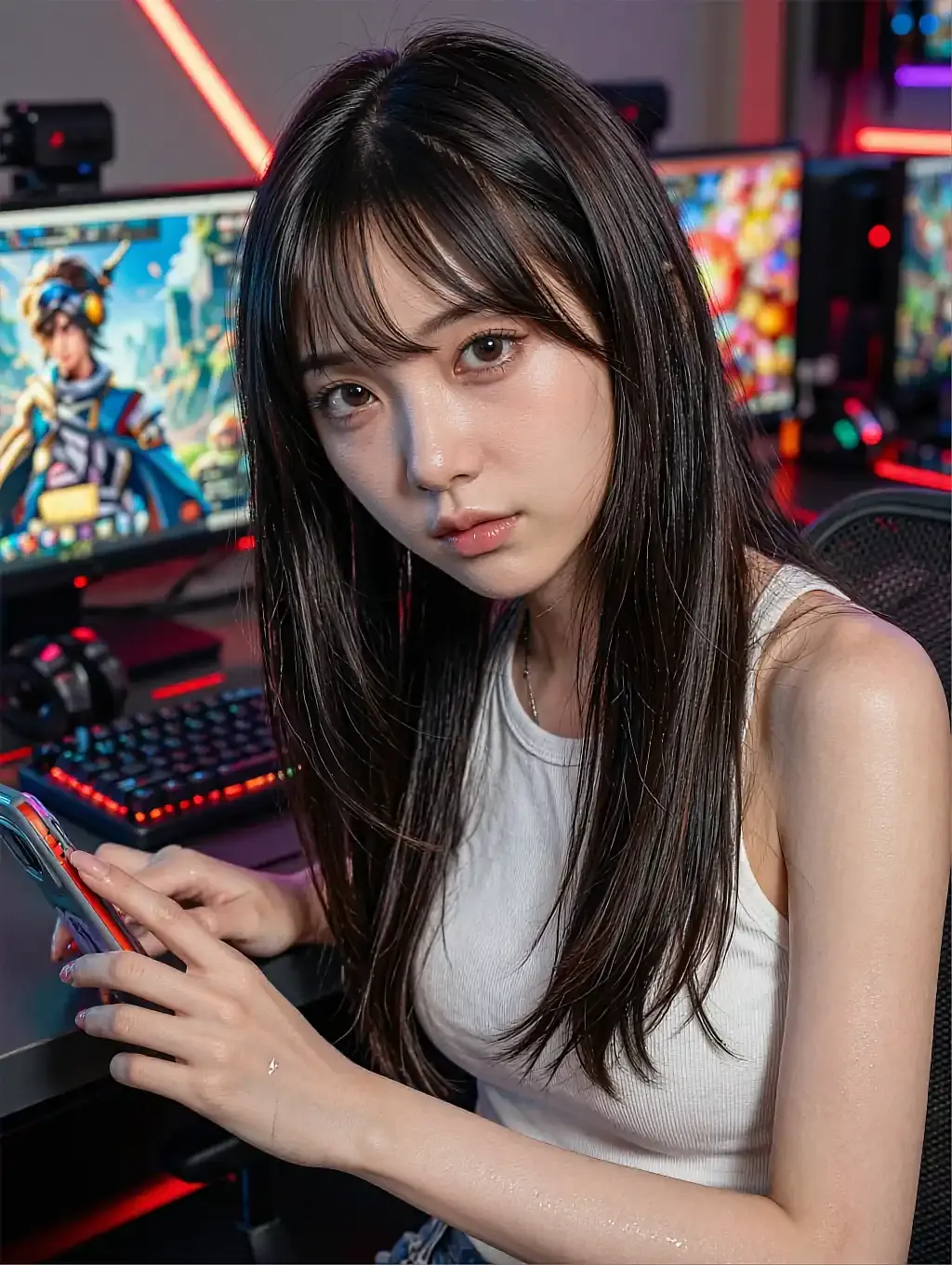 Fictional AI character in a white tank at a gaming desk with colourful monitors