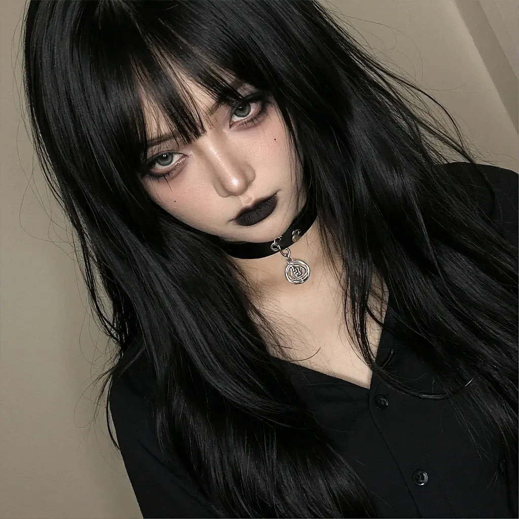 Fictional AI character with a black fringe, goth makeup and a choker in low light
