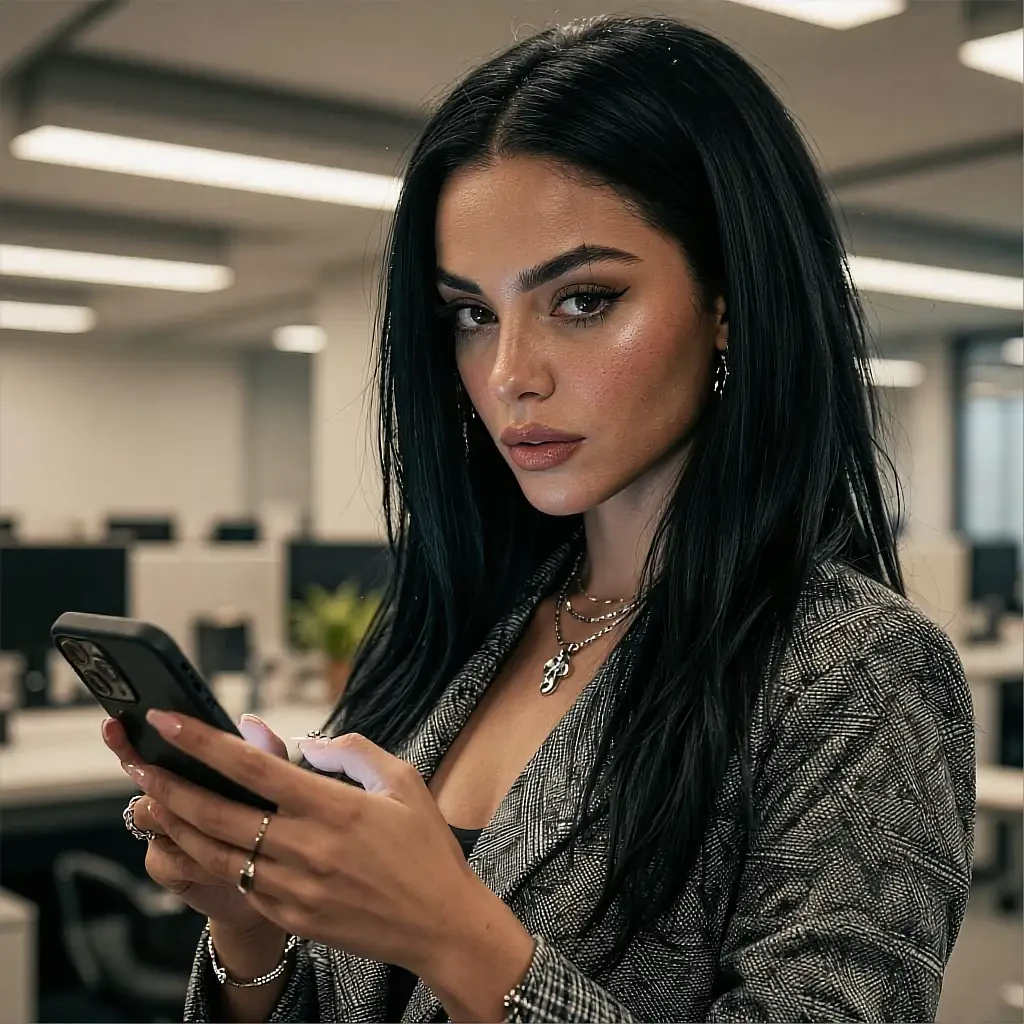 Fictional AI character in a grey knit holding a phone in an office